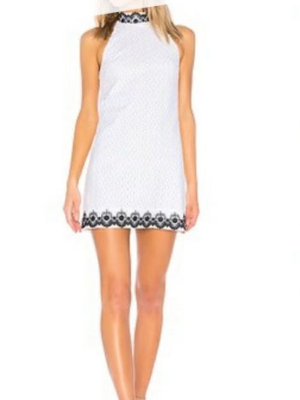 Bailey/44 Black Eyed Susan- White Cotton High Neck Sleeveless Dress w Black Lace